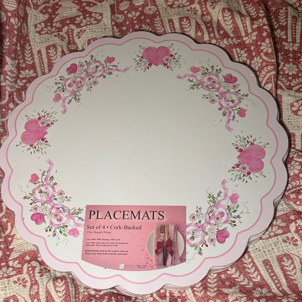 Valentine’s Day heart and bow pink and white set of 4 round cork placemats